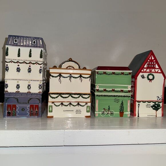 NWT ANTHROPOLOGIE SET OF FOUR Ceramic Holiday Houses Complete Set - Picture 4 of 16